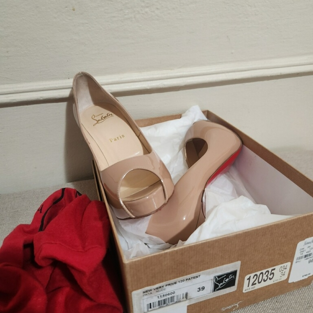 Christian Louboutin Nude Patent Peep-Toe Heels with Red Soles